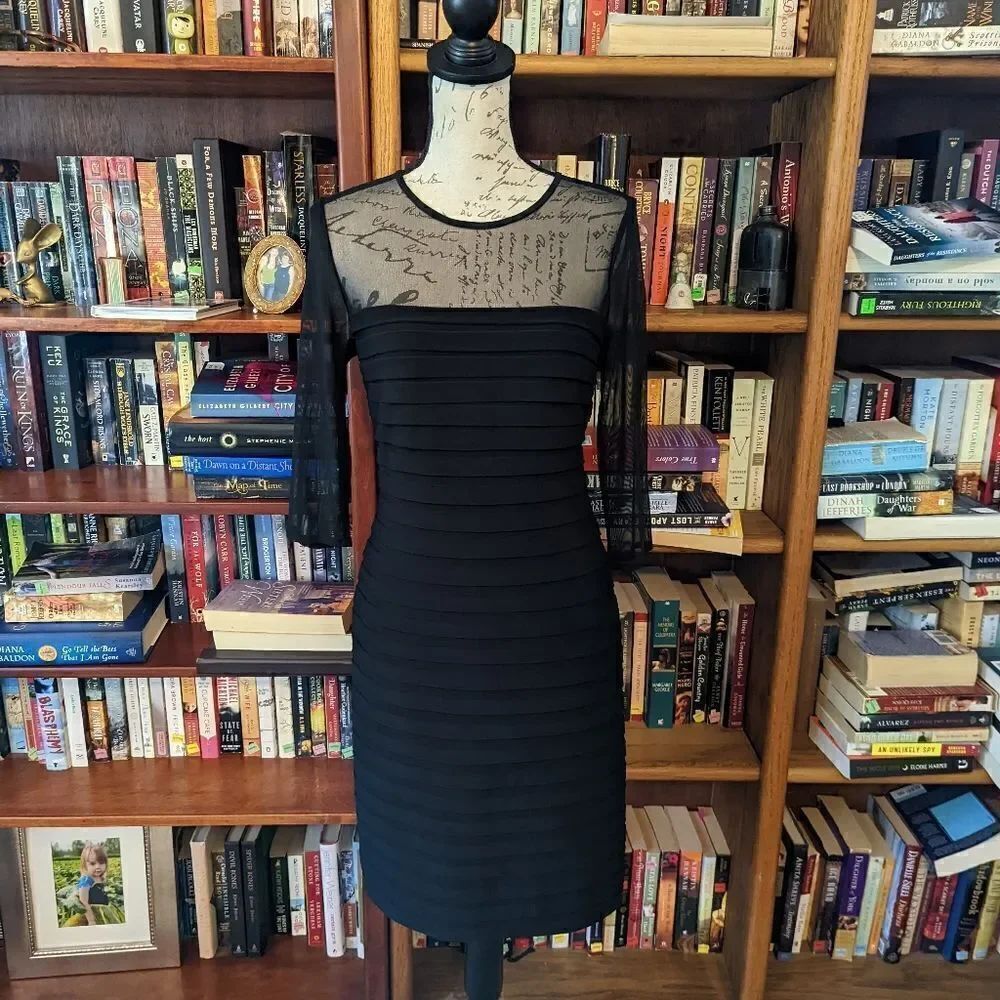 ADRIANNA papell bodycon stretch knit dress illusion mesh neckline black euc sz m